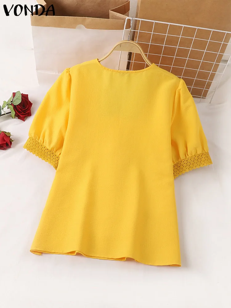 VONDA Women Elegant Shirts Summer Lace Tops 2024 Fashion Sexy V-Neck Casual Solid Color Blouses Short Puff Sleeve Loose Blusas