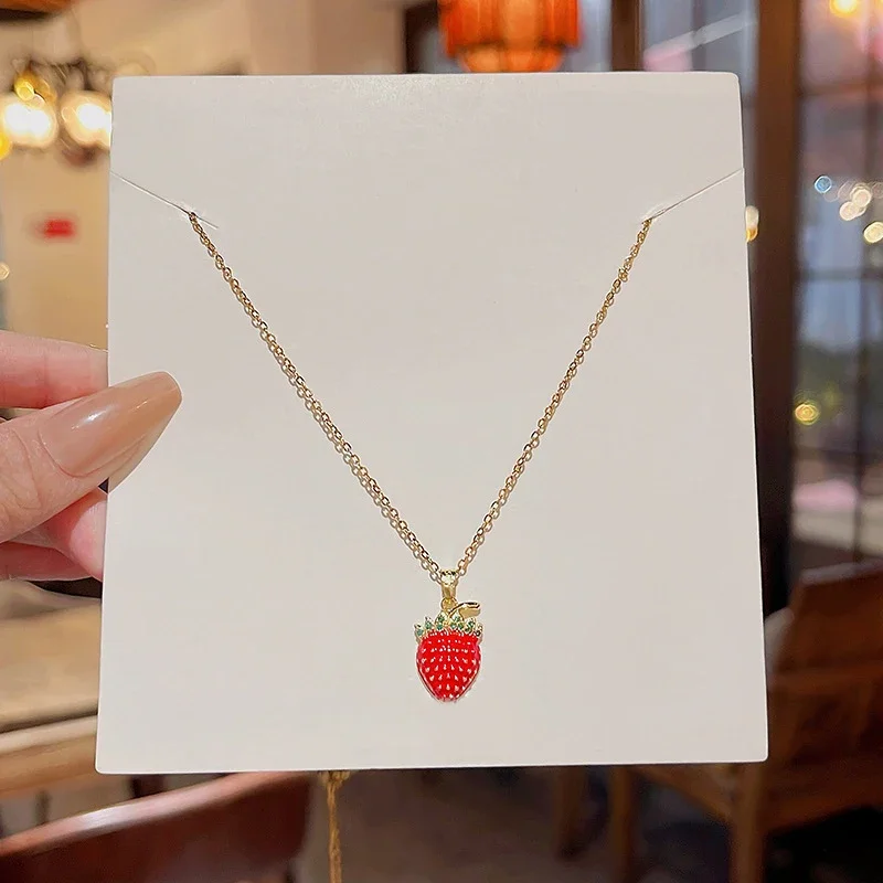 Cute Strawberry Necklace, Female Gold Color Sweet Pendant Necklace Summer Party Birthday Jewelry Accessories Gifts