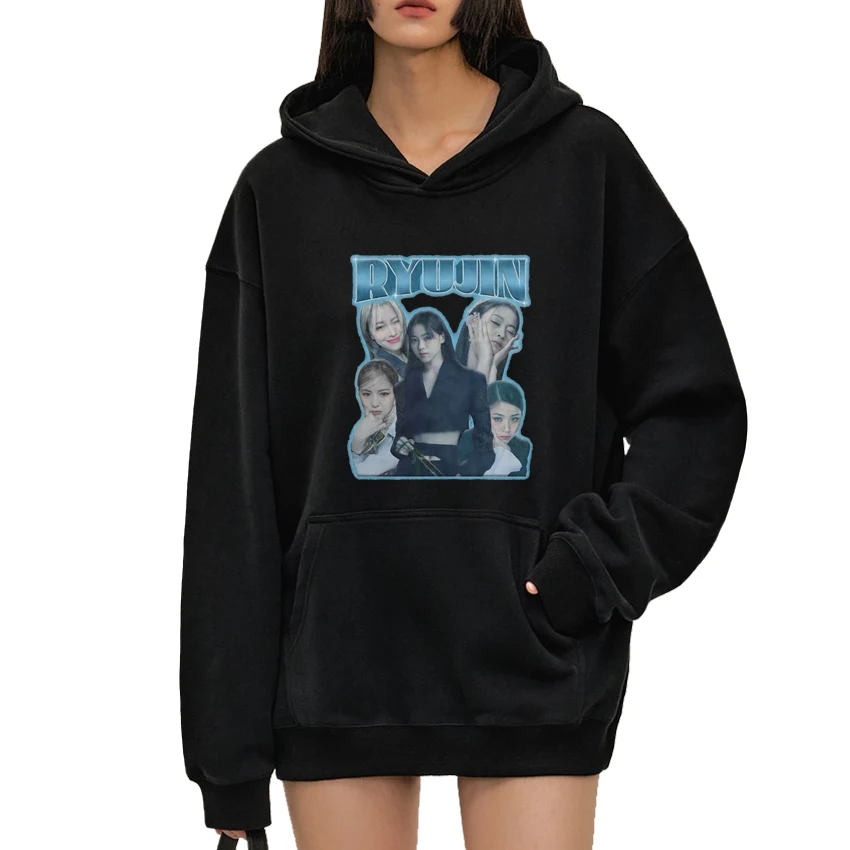 

Kpop ITZY group Ryujin модная толстовка с винтажным графическим рисунком унисекс Повседневная флисовая толстовка с длинным рукавом Новые мужские женские черные пуловеры