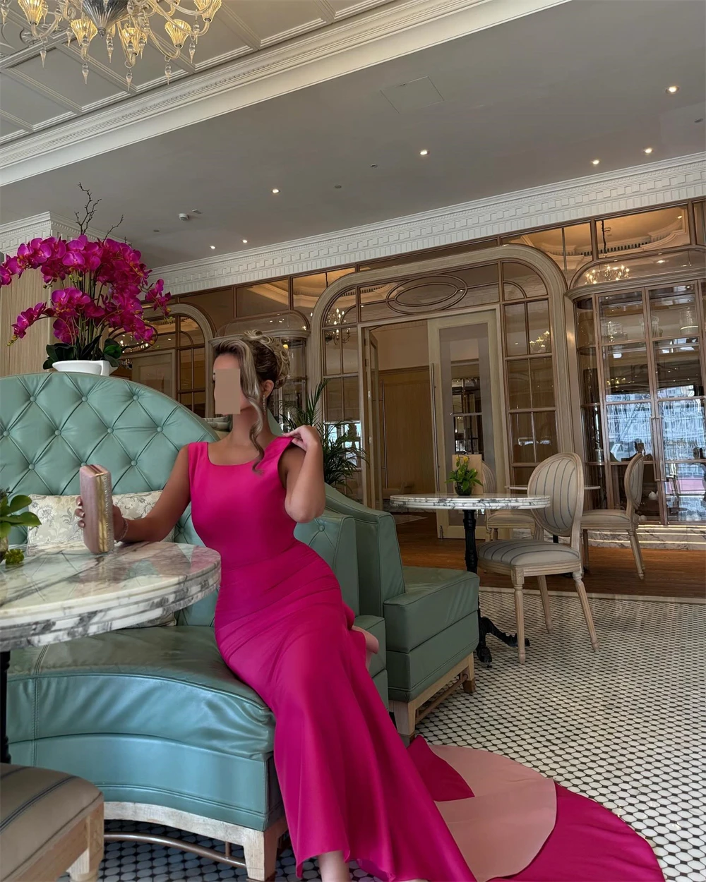 Jersey clásico personalizado con cuello redondo y hombros descubiertos, sin mangas, sirena hasta el tobillo, tren con paneles, vestidos para ocasiones especiales fruncidos