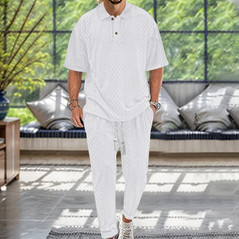 

Men's 2-Piece Set Casual Pants And Heavy Duty Jacquard Knitted Top Large Flip Collar Spring Summer 2025 European American Style