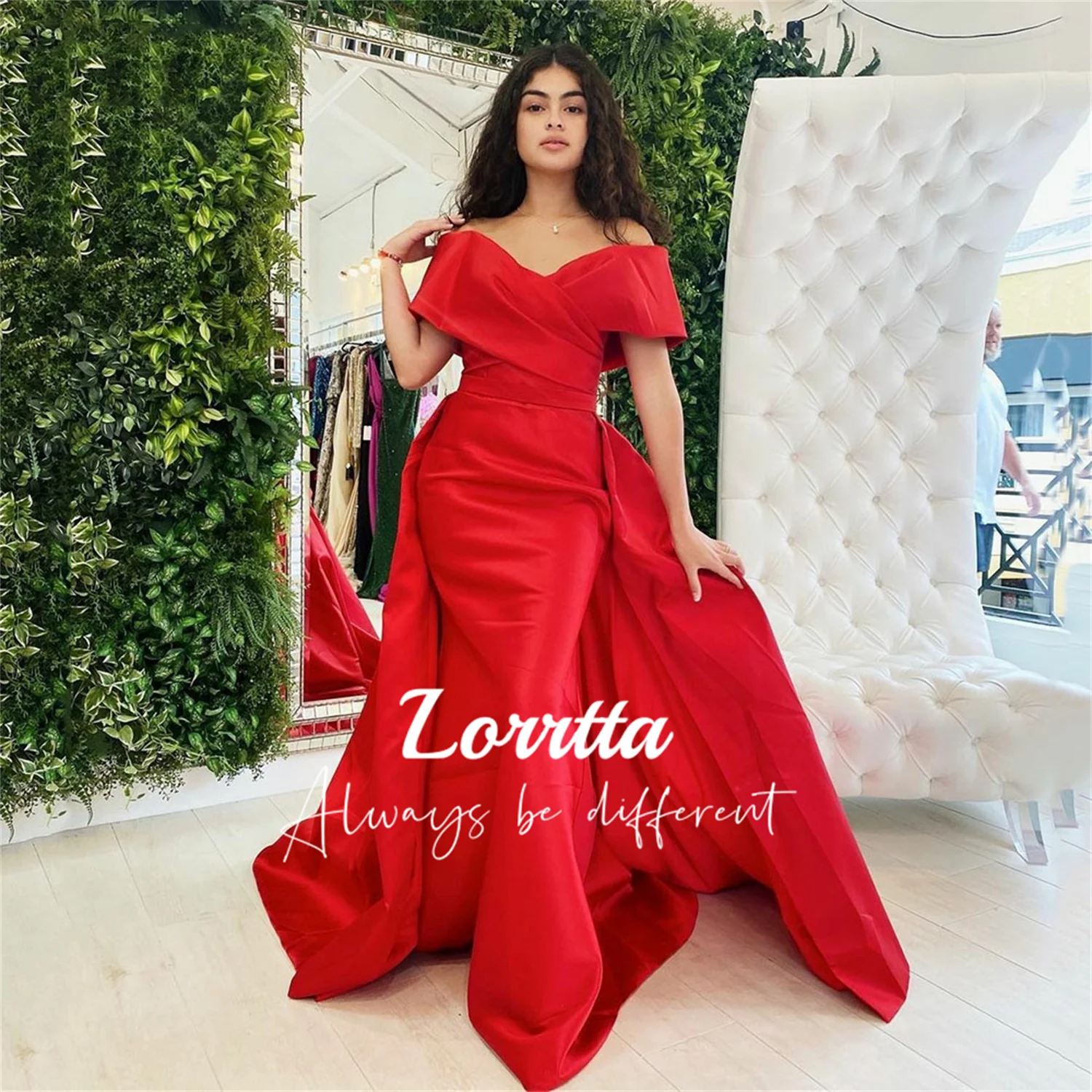 

Lorrtta Red Satin Off Shoulder Evening Gown Mermaid Formal Party Dress Detachable Tail Ballgown Wedding Sexy Dresses Prom Gowns