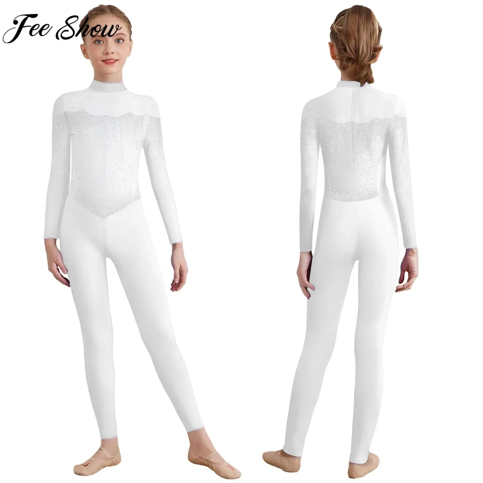 6-16Y الفتيات الشكل التزلج الرقص بذلة طويلة الأكمام لامعة الراين بقماش شفاف يوتار الباليه الجمباز البهلوانية ارتداءها #1