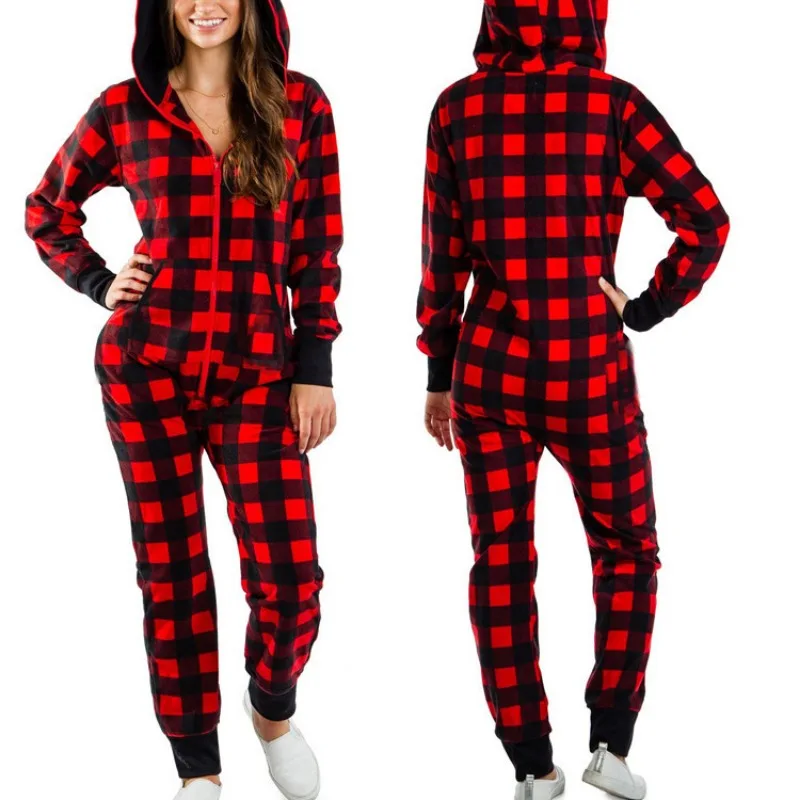 

Fall and Winter Festive Loungewear Red Plaid Pajamas Hoodies Zippers Pullovers Jumpsuits Women Outings One-Piece Nightwear