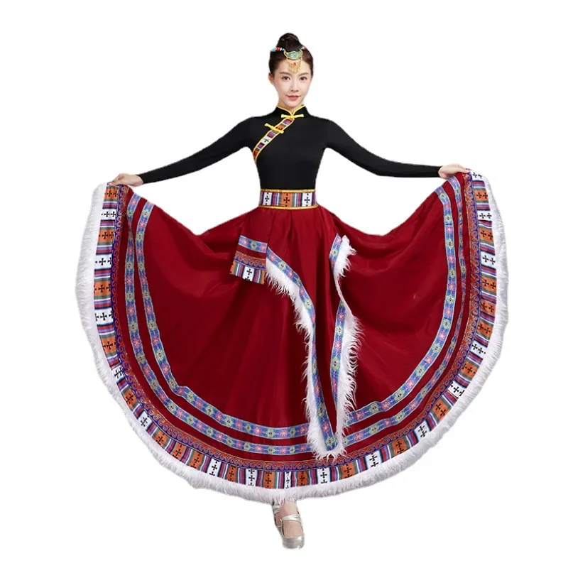 Traditional Folk Stage DanceWear Tibetan Outfit Long Skirts Mongolian National Tibetan Dress Modern Minority Performance Costume