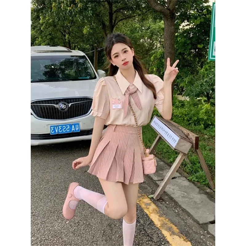 Summer Fashion Pink Jk Uniform Puff Sleeve Shirt Pleated Skirt Tie for Women Sweet Korean Schoolgirl Uniform Sailor Uniform