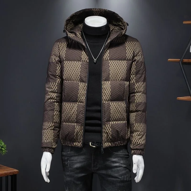 2024 new Hooded Down Jacket Men's Winter Jacket Plaid with Hat 90 White Duck Down Warm Thickened Printed Jacket for men