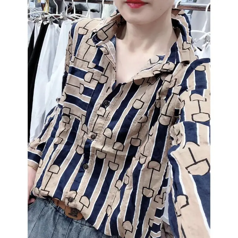 Western Style Spring Autumn New Cotton Linen Striped Shirt for Women\'s Long Sleeved Loose Slimming Unique Geometric Patterns Top