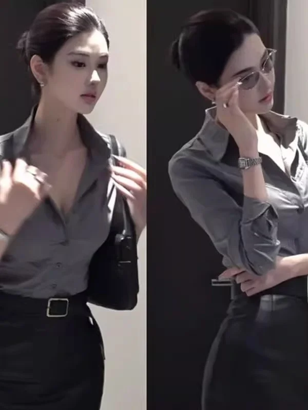 

Sexy Lady Style Shirt Collar Blouse Women's High Waist Wrap around Skirt Set Commute Workwear Fashionable Two-Piece Suit