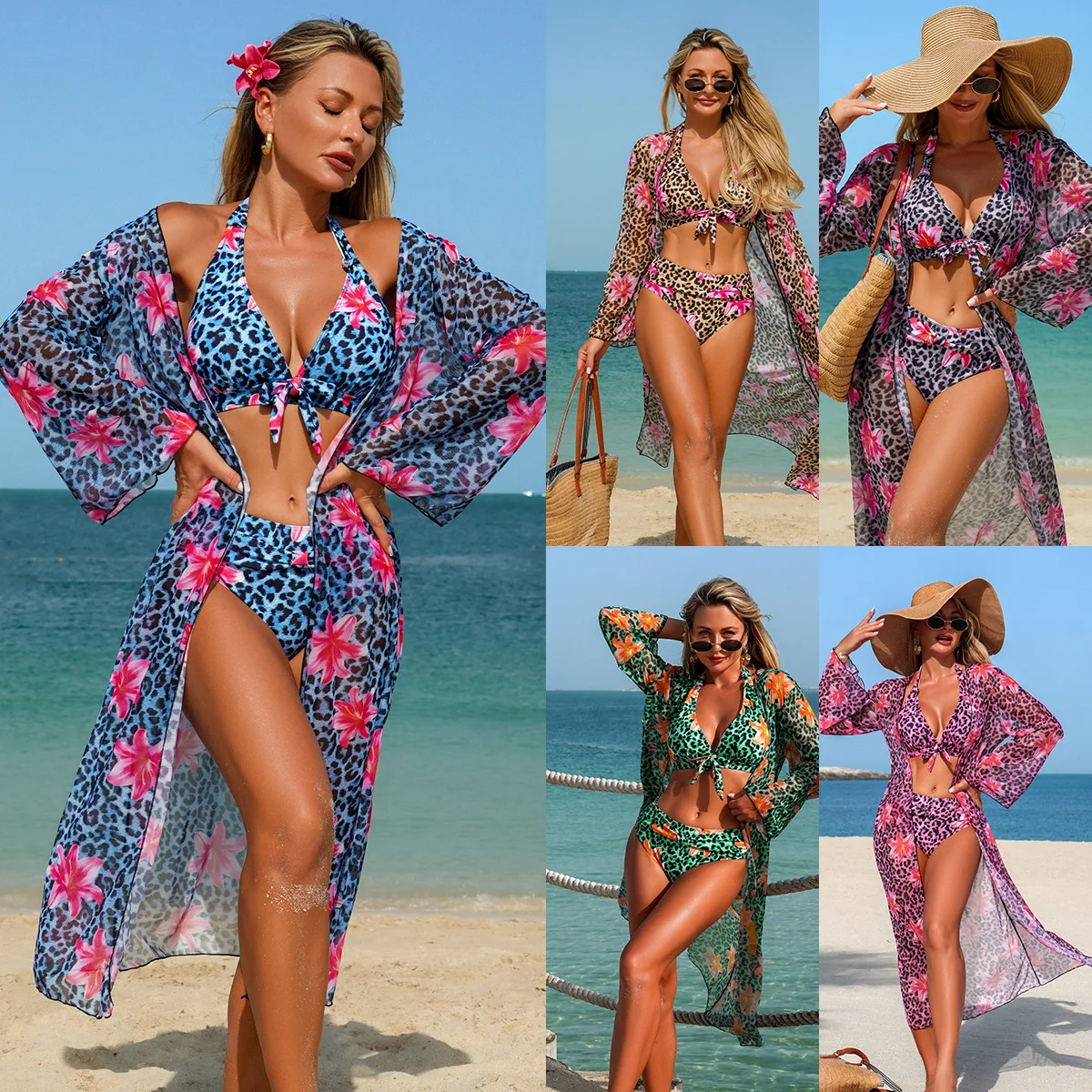 

Fashion Leopard Floral Print 3-Piece Bikinis Set for Women Mesh Long Sleeve Cardigan Beach Bathing Suit Swimwear