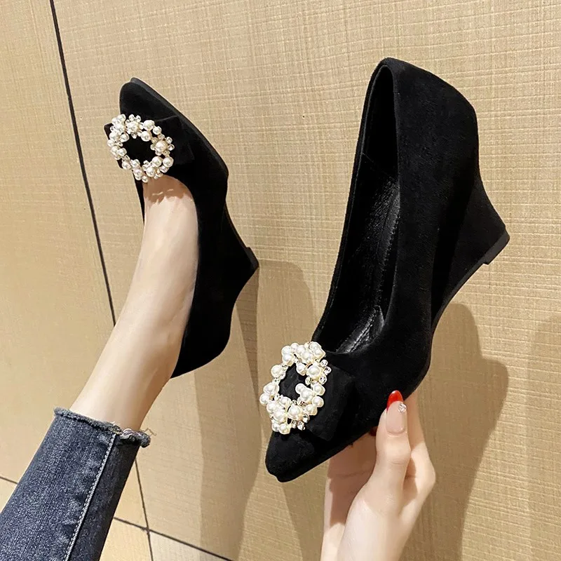 Hang Ferse Mode Schuhe Frauen Frühling Neue Wasser Diamant Spitz Flach Mund Weiche Sexy High Heels Frauen Schwarz Retro Schuhe 43 – Detail 2