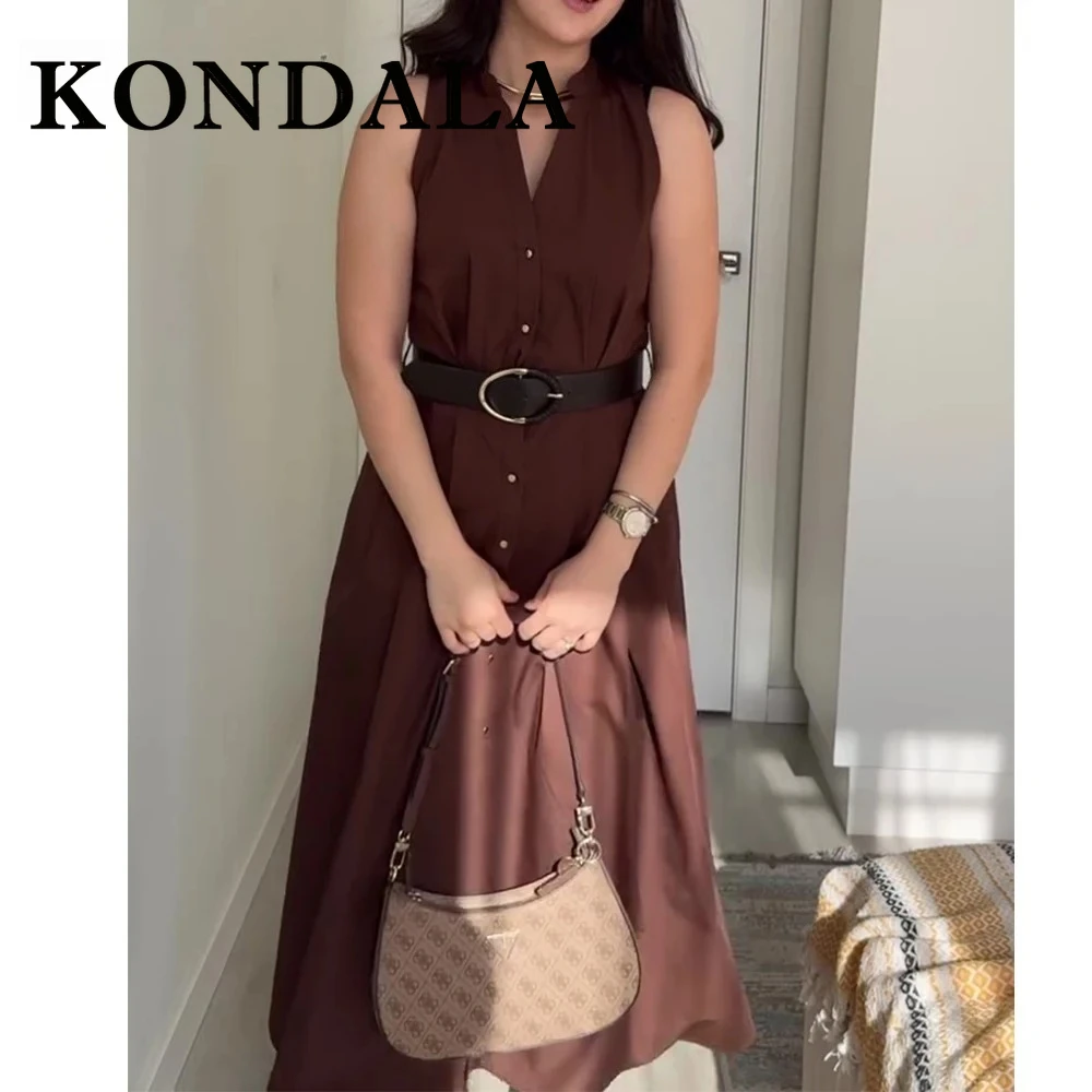 Kondala vintage marrom mulher vestidos único breasted sem mangas faixas vestido plissado moda 2025 verão streetwear vestidos longos