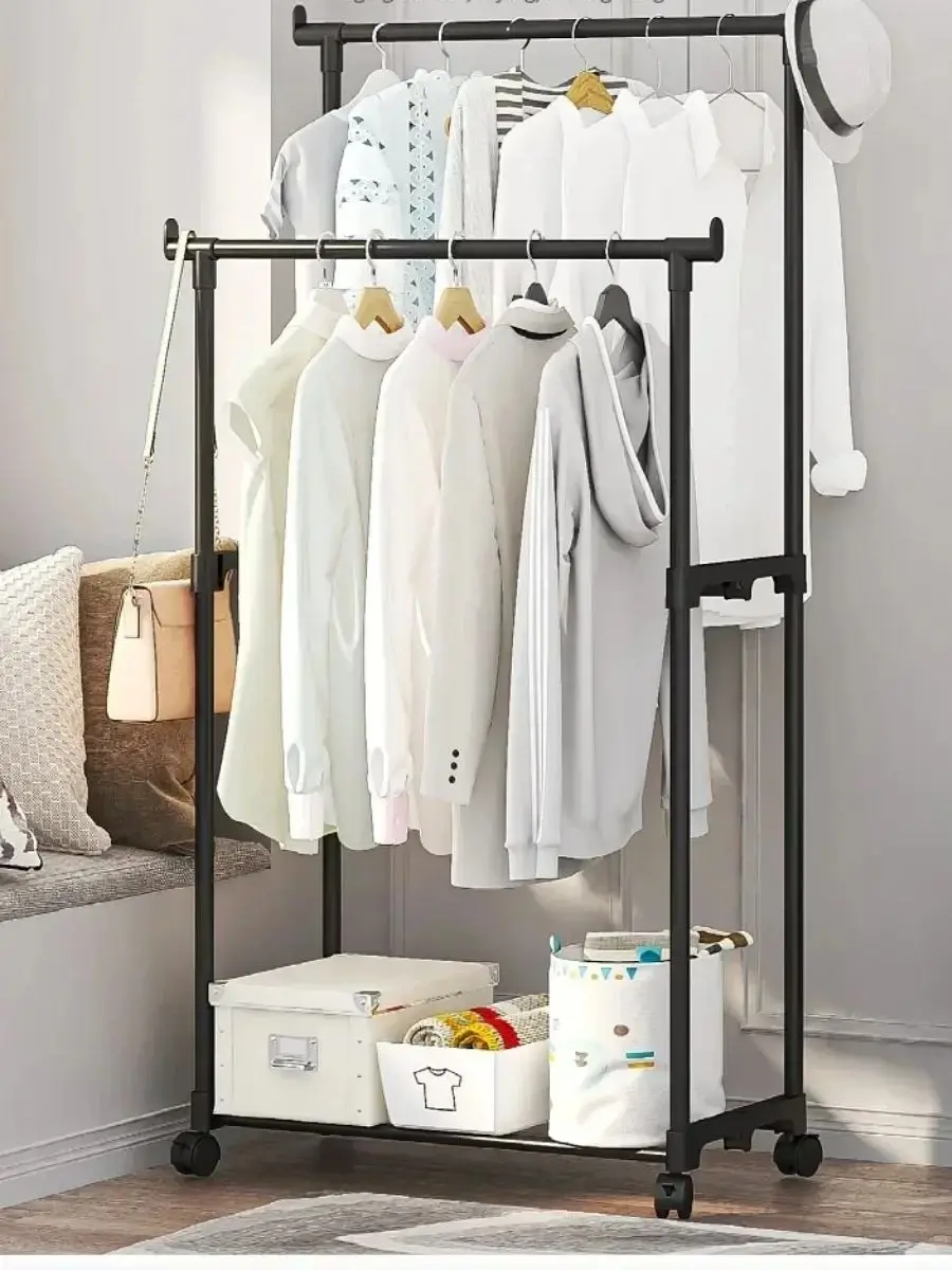 Coat Rack Movable Double Clothes Shelf Simple Rod Clothes Floor-Standing Bedroom Telescopic Floor Hangers Storage Coat Rack