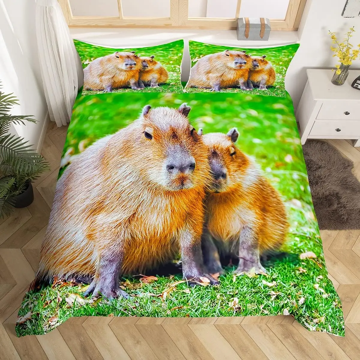 Cute Capybara Bedding Set Single Size 2pcs Funny Rodent Animals Duvet Cover Set Soft Cartoon Quilt Cover for Kids Boys Girls