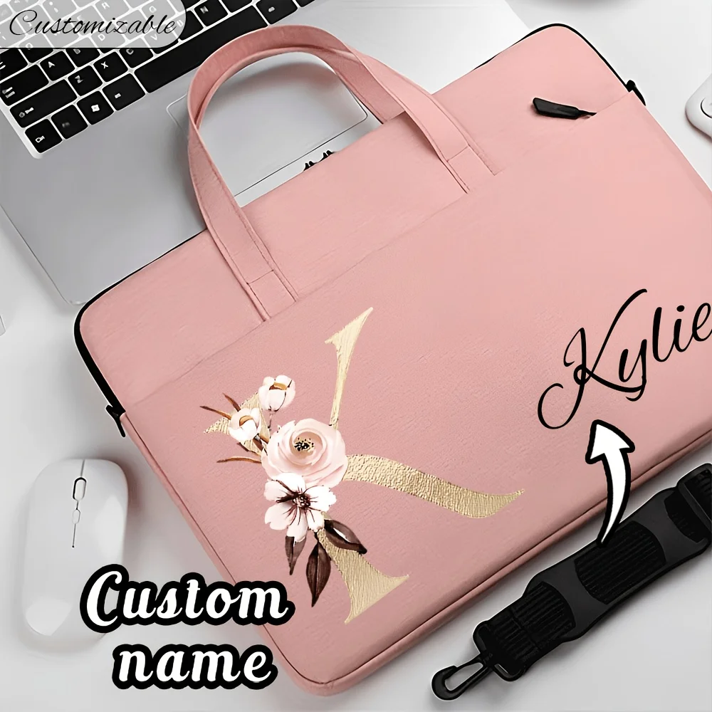 Customizable Laptop Bag—Personalized High-Capacity Pink Briefcase Featuring the 26-Letter Alphabet, Detachable Shoulder Strap