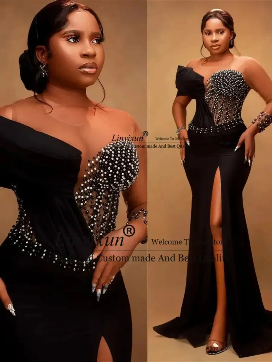 Black Mermaid Prom Dresses for Luxury Beaded Illusion Evening Formal Gowns Long Sleeves Slit Birthday Party Reception Gowns