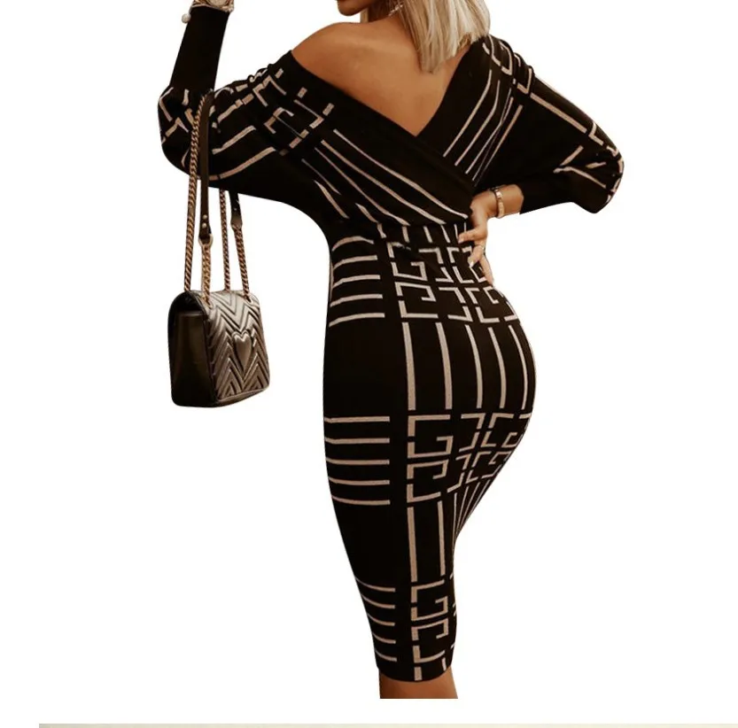 فستان نسائي بأكمام طويلة برقبة على شكل حرف V ، حقيبة خصر ، ورك ، طبعة قمر ، موضة جديدة ، متجر ، أو