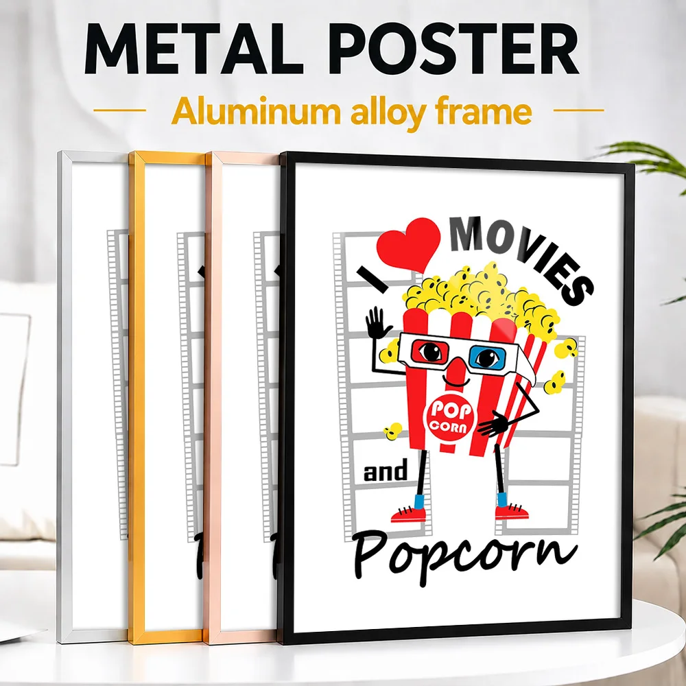 Movie Night Popcorn Framed Metal Print Customized Photo Minimalist Scene Style Wall Art For Living Room Premium Collector Gift