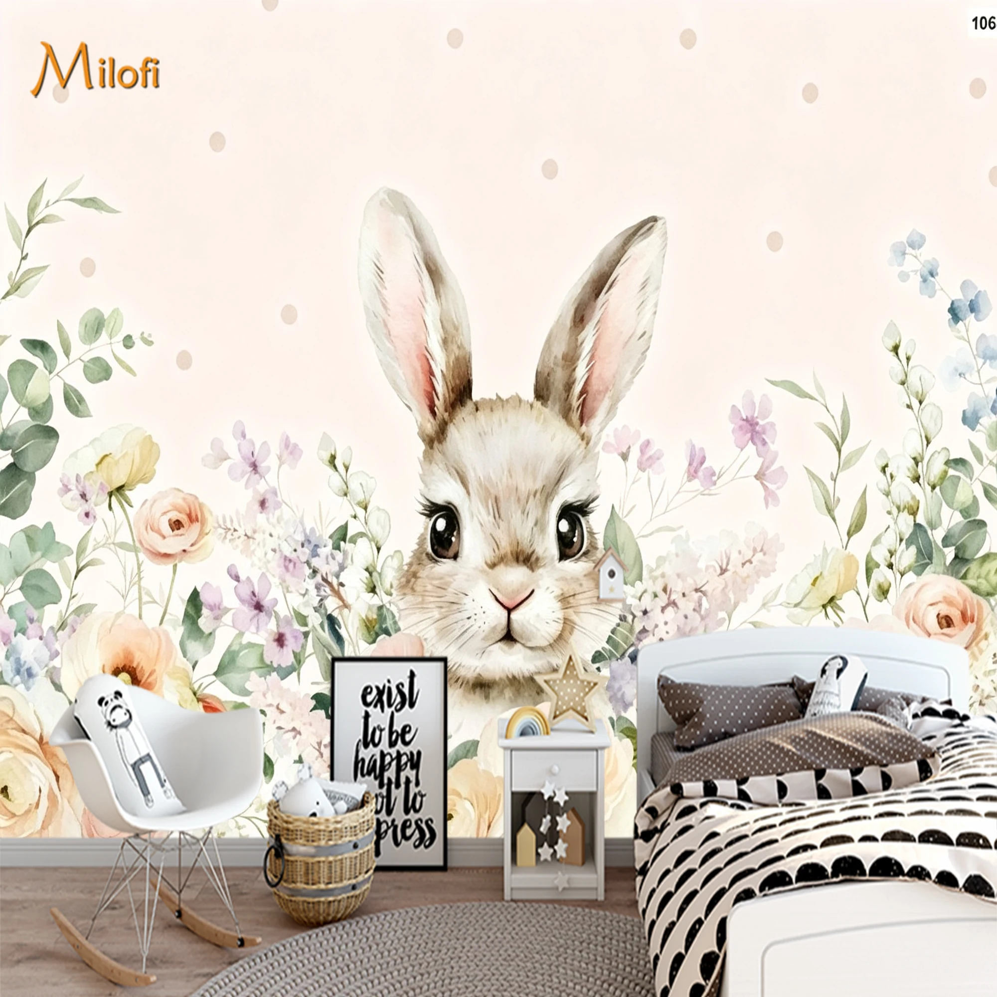 Custom Mural Wallpaper Watercolor Bunny Rabbit Floral Wall Mural, Pastel Flower Wall Decor for Girls Nursery Kids Room
