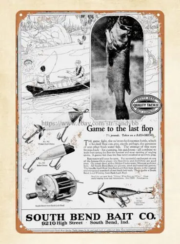 art wall Vintage Fishing Ad South Bend Tackle circa 1922 metal tin sign