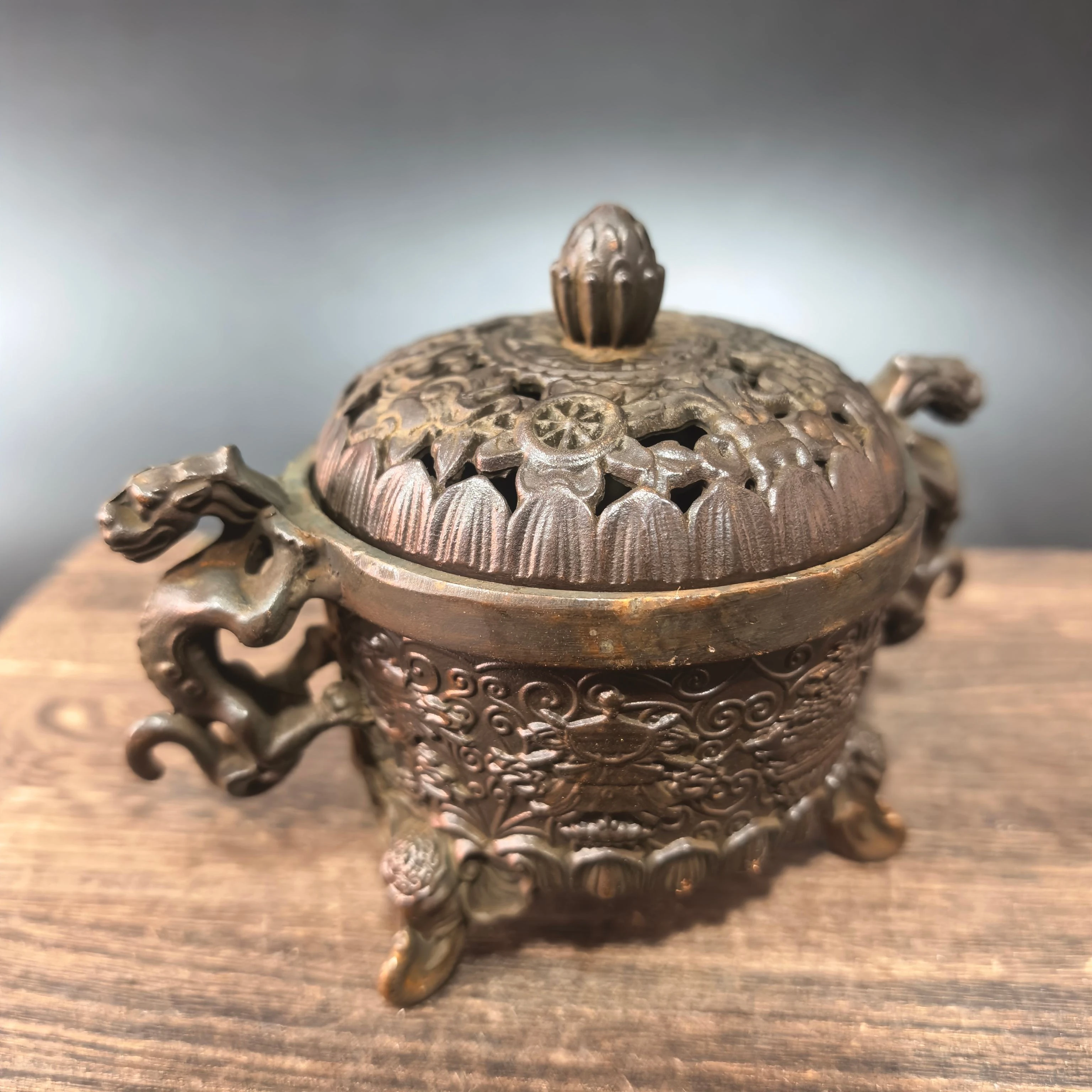 Copper Lotus Dragon Head Double Ear Incense Burner Ornament Home Decoration Accessories For Living Room Feng Shui Home Decor