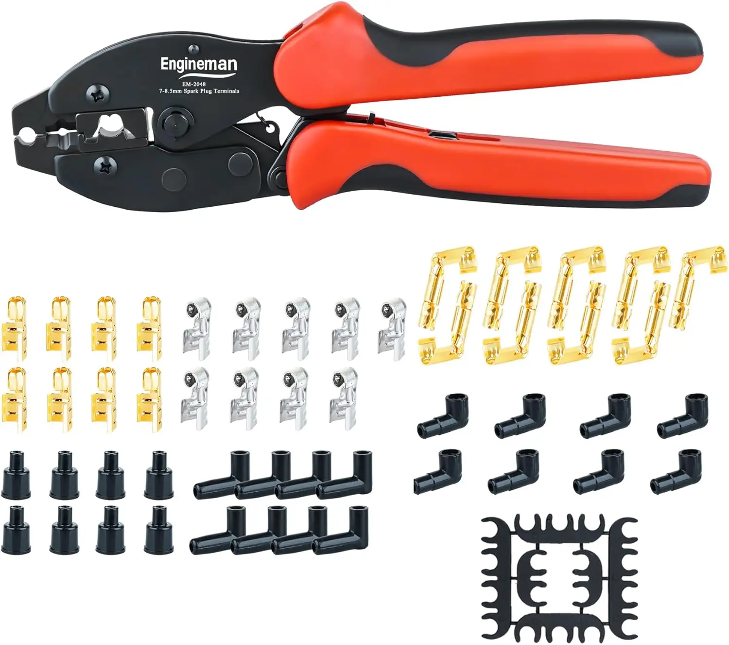 

Spark Plug Wire Crimping Tool Kit with Ratchet Crimper, 26PCS Terminals & 24PCS Boots for Easy Installation