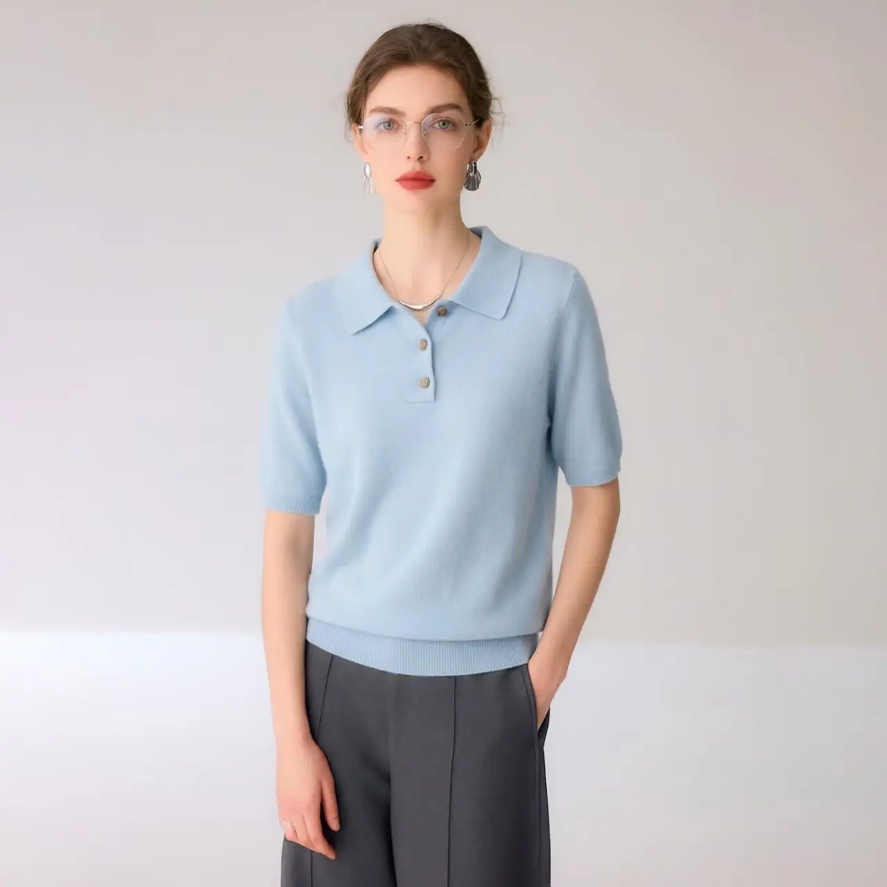 100% cashmere short-sleeved spring and autumn new female Polo neck knitted short-sleeved T-shirt bottoming shirt