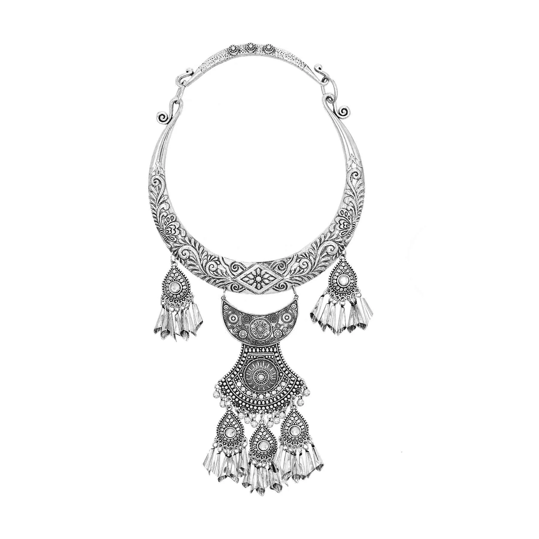 Ethnic Women Necklace Vintage Carved Alloy Tassel Statement Chokers Necklaces Tibetan Silver Color Carved Flowers Round