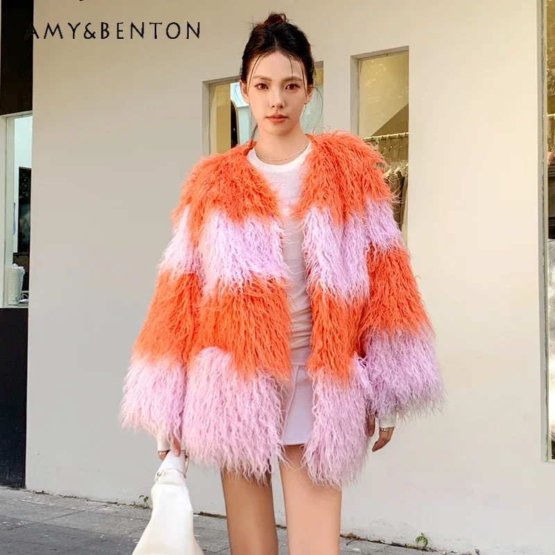 2024 Persimmon Red Splicing Cherry Blossom Pink Faux Fur Top Jacket Plush Loose Autumn And Winter Contrasting Beach Wool Coat