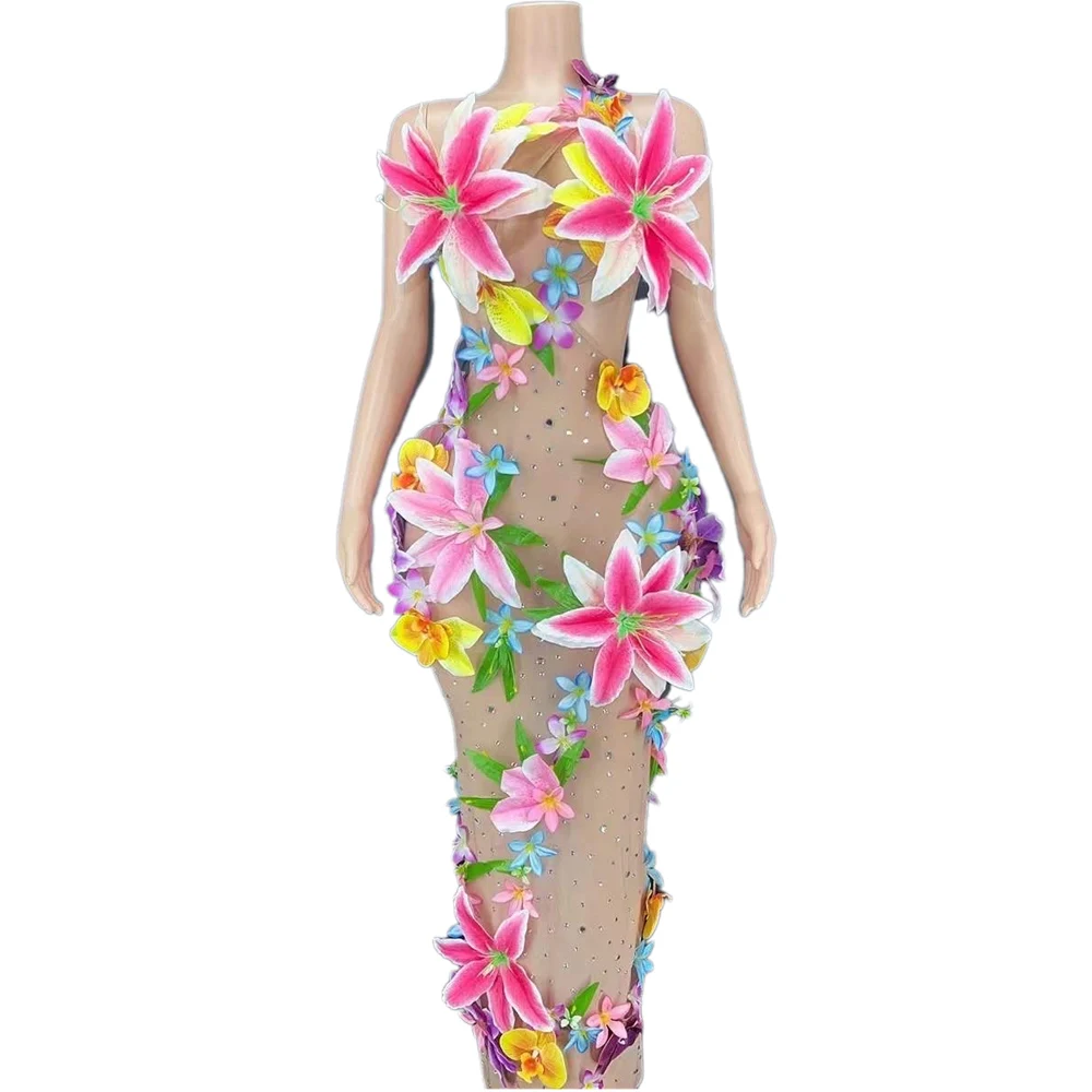 

Nude Shining Rhinestones Sexy Backless Floral Split Dress For Women Festival Carnival Drag Queen Outfit Party Club Clothing