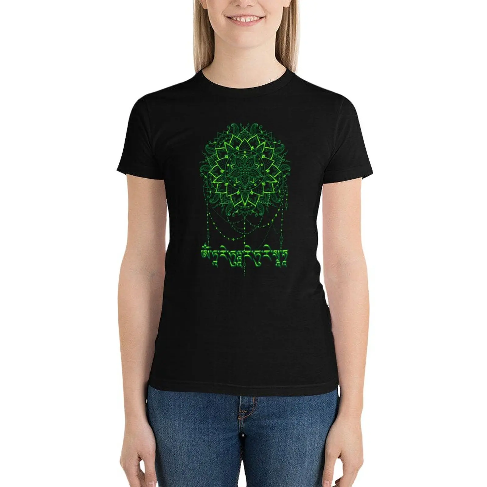 

Mantra of the Green Tara with Mandala T-Shirt tops cute clothes Women t-shirts