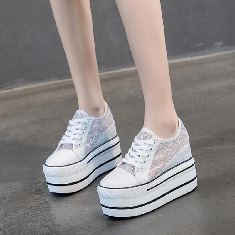 10.5cm Women 2026 Summer Air Mesh Fashion Ins White Black Genuine Leather Chunky Sneaker Hollow Breathable Platform Wedge Shoes