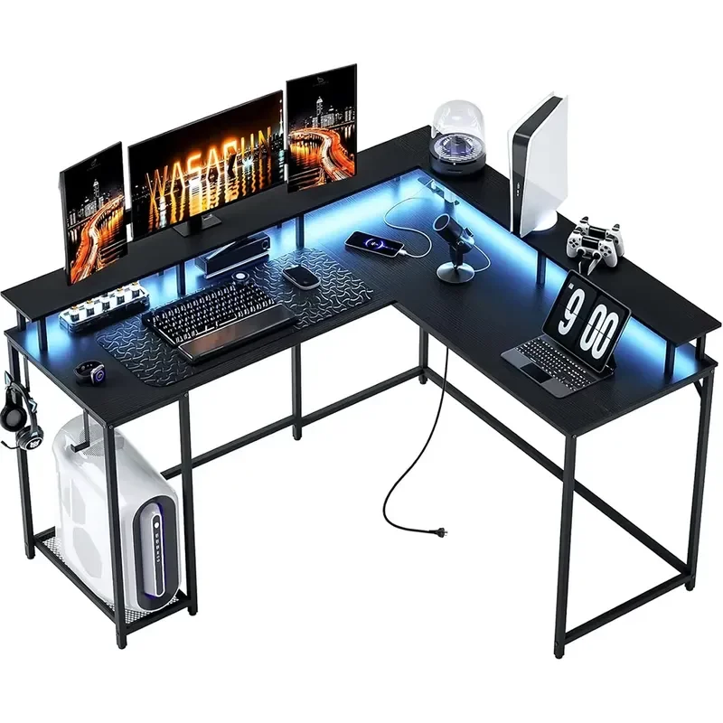 Upgraded Integrated Stand Computer Desk Black Carbon Fiber Surface Gamer Desk 55 Inch Gaming Desk with Led Lights