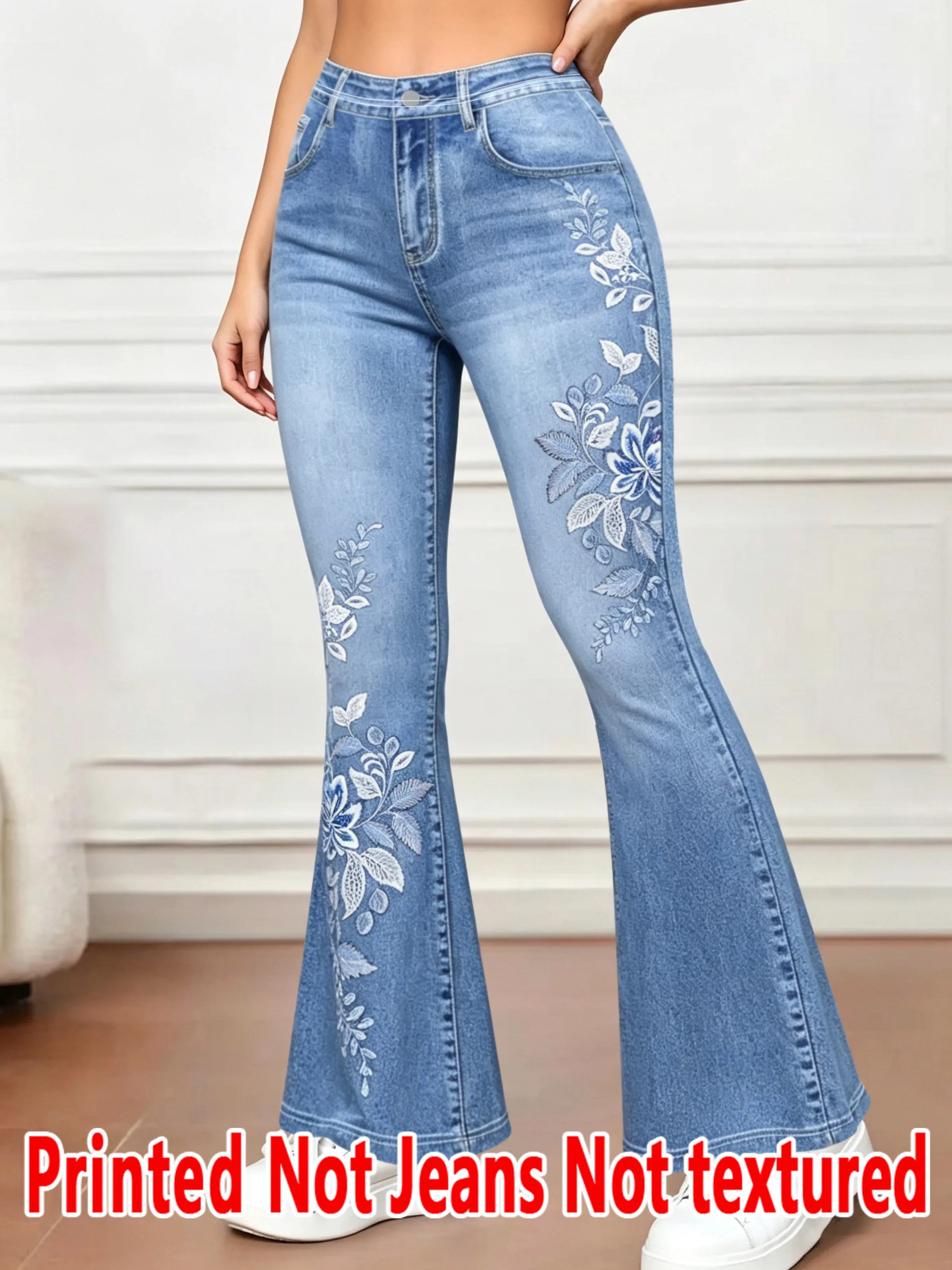 1555  Non- Denim Fabric Bell Bottom Pants with 2D Printed Embroidery Effect Textureless Denim Look Long Trousers for All Seasons