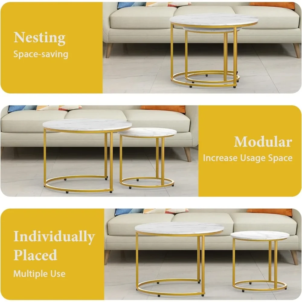 Set Meja Bersarang 2 Bagian, Meja Kopi Melingkar Ruang Tamu dengan Bingkai Logam Emas, Meja Bersarang Bermotif Marmer