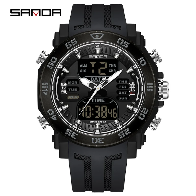 SANDA 6029 New Dual Display Military Outdoor Sports 50M Waterproof Watch Multifunction LED Digital Fashion Casual Men Watches