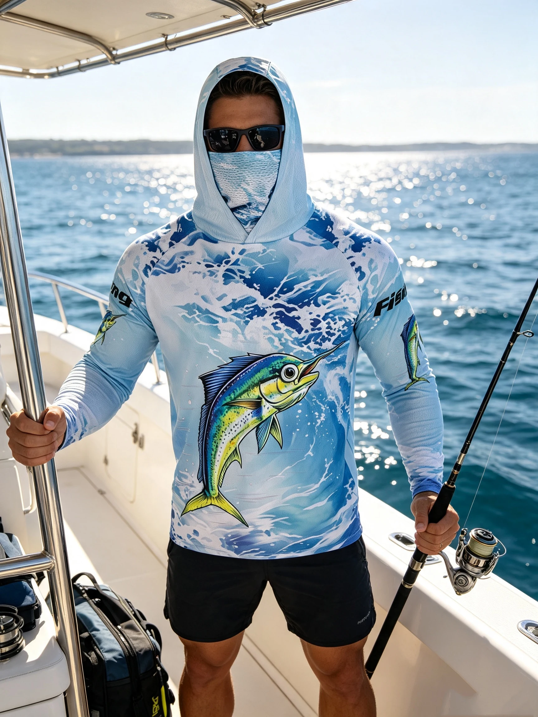 Men's Hooded Fishing Shirt UPF Sun Protection Breathable Long Sleeve Quick Dry Outdoor Angling Jersey With Face Cover