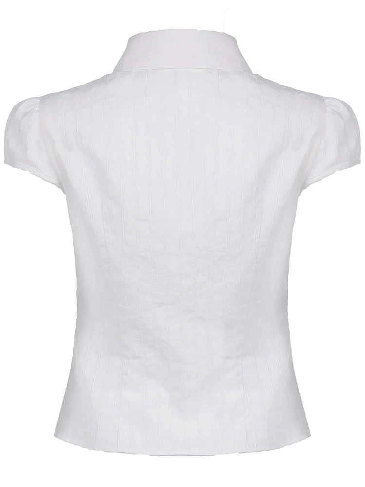 Sweetown White Solid Single Breasted Turn Down Collar Casual Shirts Women Simple Puff Sleeve Japanese Y2K Preppy Summer Tops