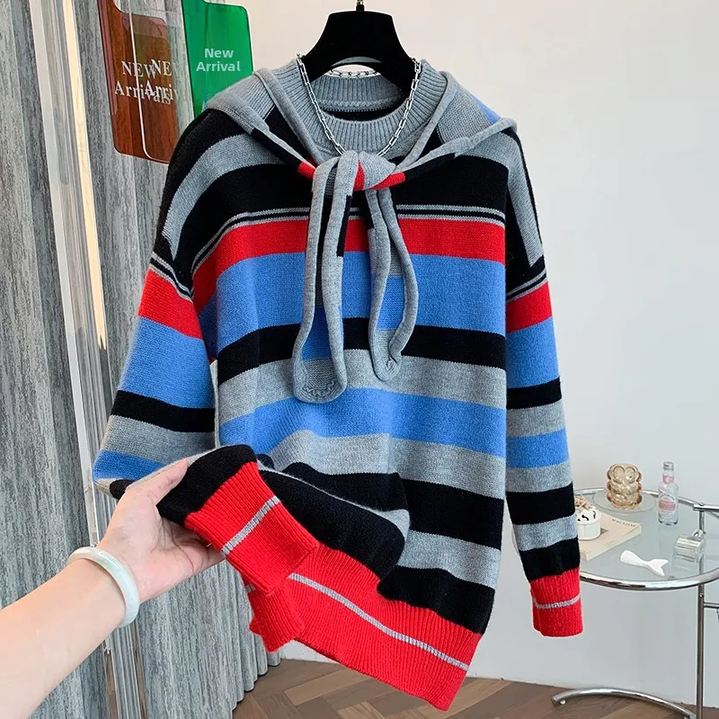 

Loose Lazy Sle Hooded Sweater Jaet 2025 Autumn Winter New Korean Version ex Thiened Long Sve round Ne Striped