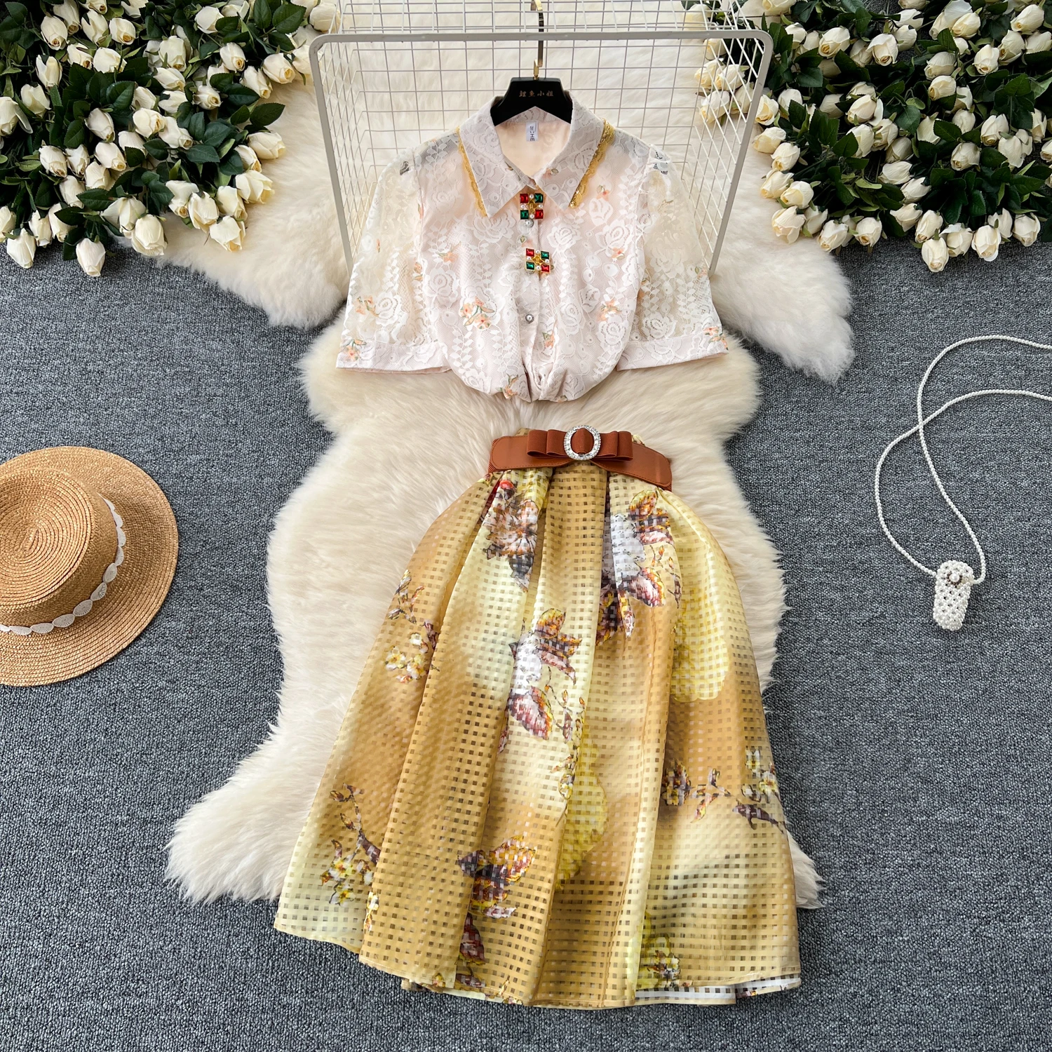 Summer Short Sleeve t SHIRT Women Two Piece Skirt Set Casual Polo Neck Shirt For Women High Waist Cinching Printed Skirt