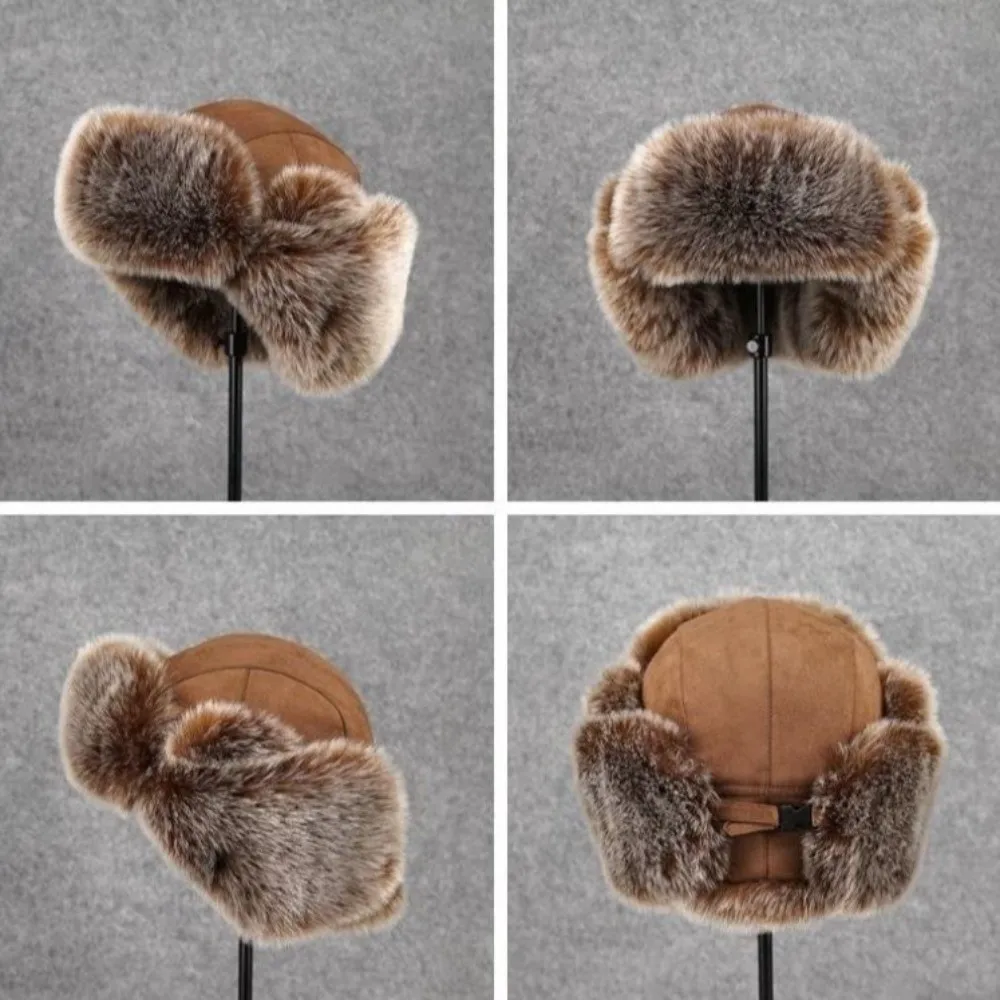 Atmungsaktiver Wildlederstoff, Herren-Lei-Feng-Mütze, dicke Kunstfell-Ohrschutzmütze, warme, mit Fleece gefütterte, kältebeständige Mütze zum Skifahren. – Detail 4