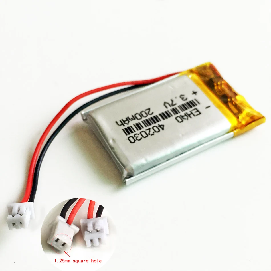 Akumulator litowo-polimerowy LiPo 3,7 V 200 mAh 402030 + Wtyczka JST 1,25 mm 2pin do kamery MP3 Bluetooth GPS Część elektroniczna