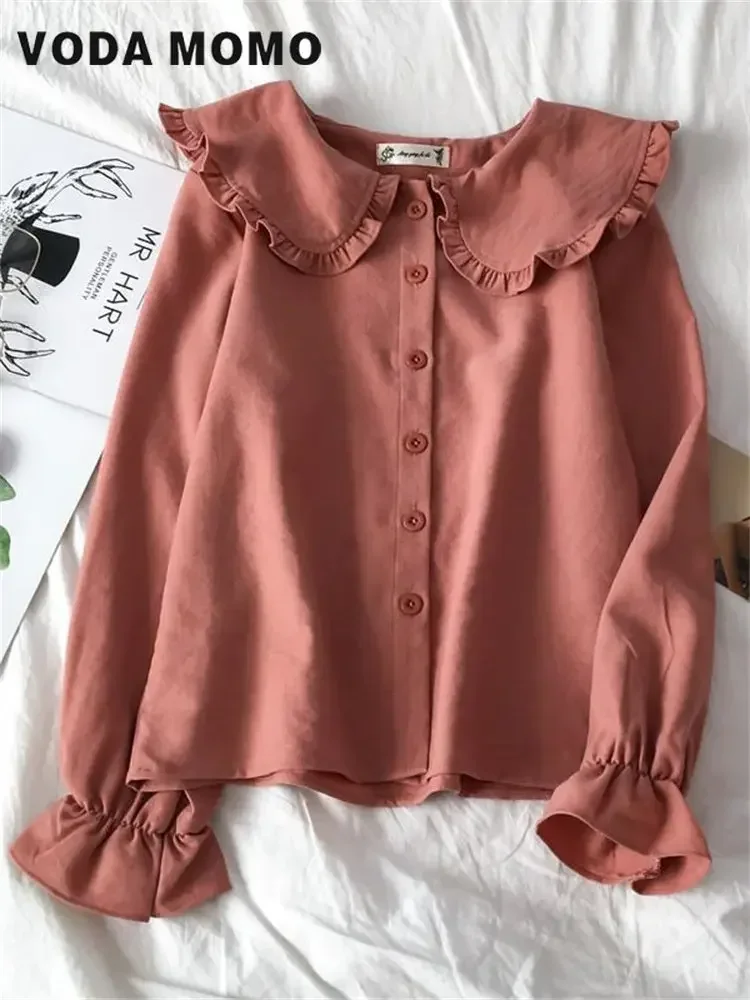 Blusa Coreana Doce Flare Manga Longa Feminina, Camisa de Colarinho Casual Harajuku, Camisa Bonita Japonesa, Lazer Diário, Rua Alta, Primavera