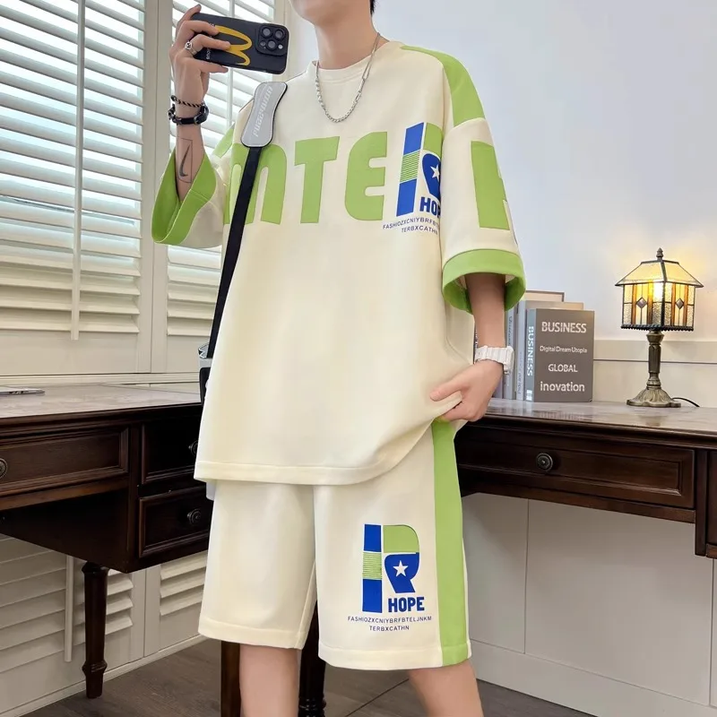 Summer Men's Sports Suits Handsome Casual Quick Drying Boys Sportswear Set Loose Short Sleeve T-shirt Shorts Two Pieces Set