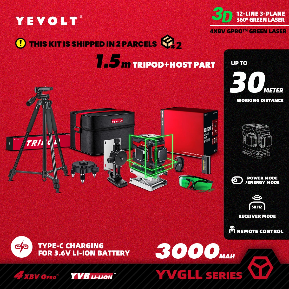 YEVOLT TP-YVGLL4XS12T-Series Green Laser Level 3-Plane 12-Line Self-leveling 360 3D Power x 1/2 Measuring Tool-1.5M Tripod