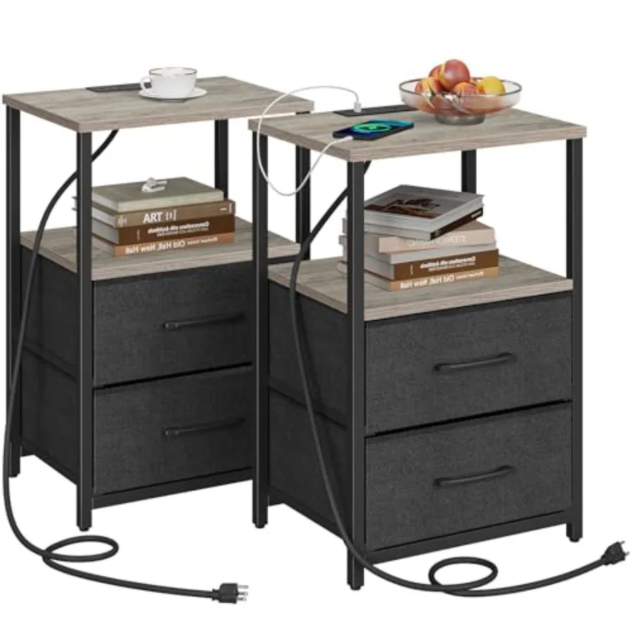 

Прикроватный столик с зарядной станцией, 2 USB-портами и розетками, тумбочка с тканевым ящиком, комплект из 2-х столиков для дивана, серый