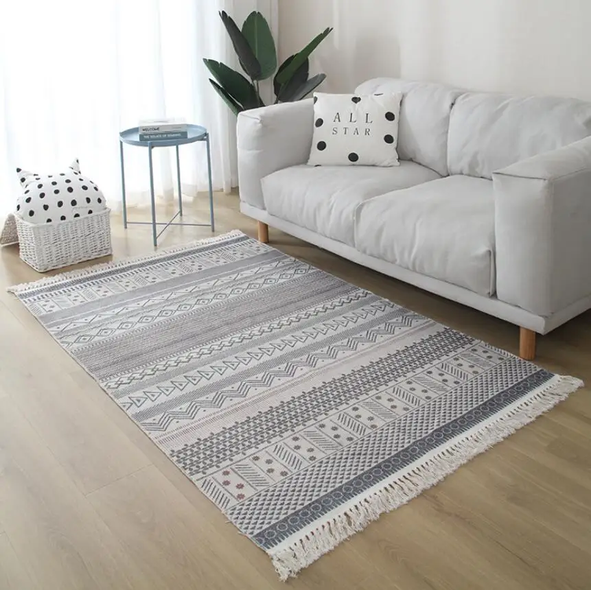 Japanese Bohemian Woven Cotton Linen Carpet Tassel Rug Geometric Floor Mat Bedroom Tapestry Home Decorative Blanket Area Rug