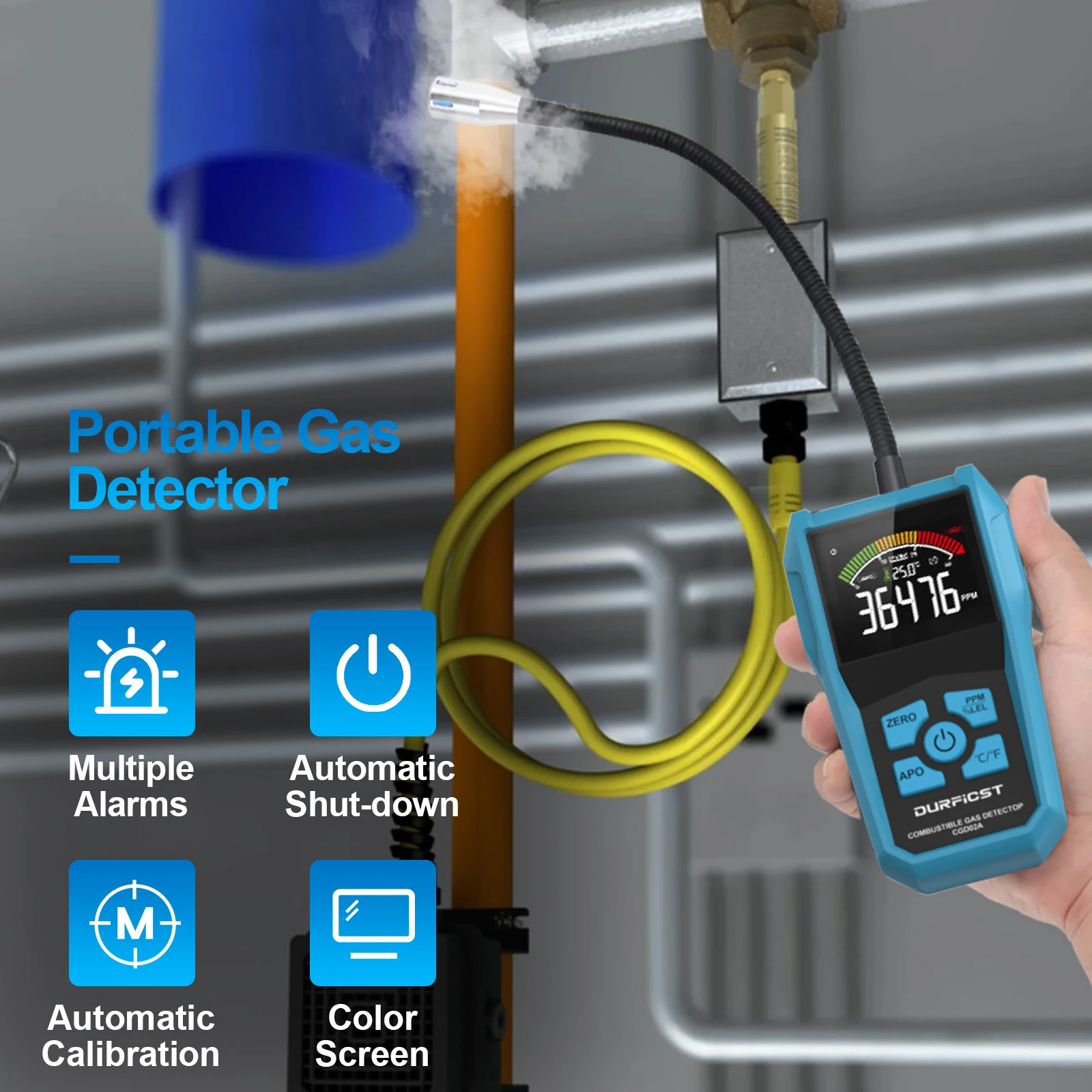 

Gas Leak Detector Analyzer Combustible Gas Detector 50000 PPM 100% LEL Gas Leak Detector with LCD Screen Sound and Light Alarm