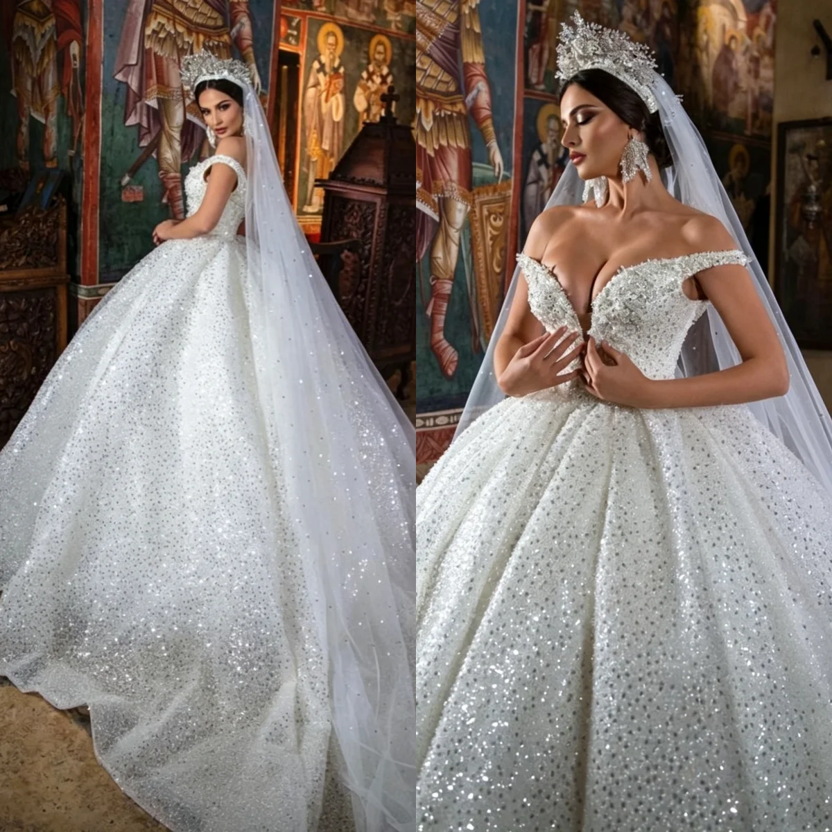 

Luxurious Sparkling Ball Dress Sexy V-neck Off Shoulder Beaded Wedding Dress Tight corset A-line Palace Bride Dress Customized
