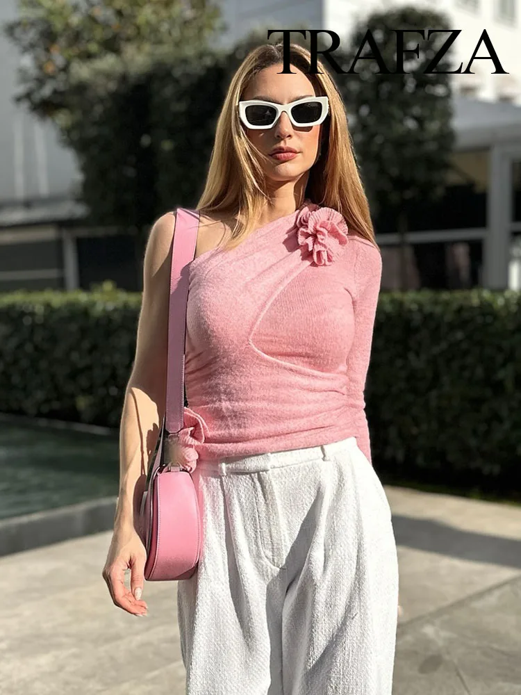 TRAFZA Autumn Fashion Women Knitted Top Pink Slant Collar One Shoulder Long Sleeve Appliques Decoration Female Asymmetrical Tops